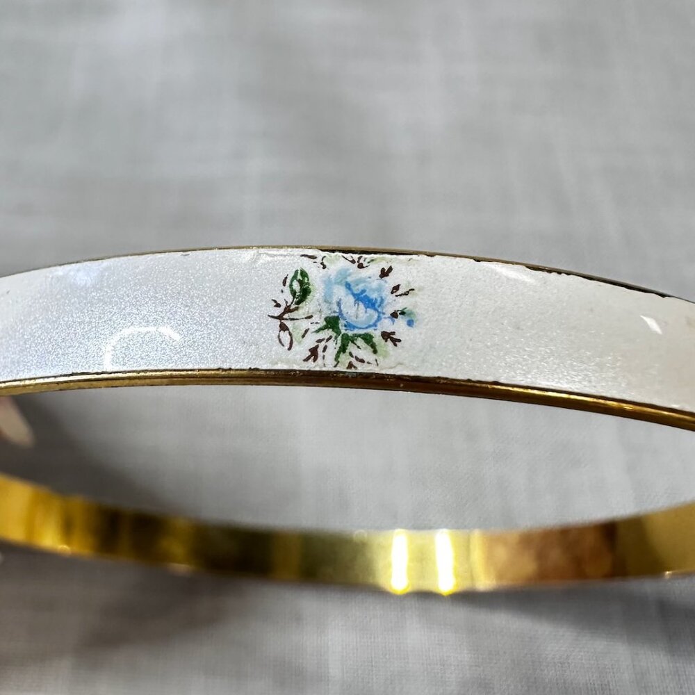 Vintage White Enameled Bangle Bracelet with Blue Roses